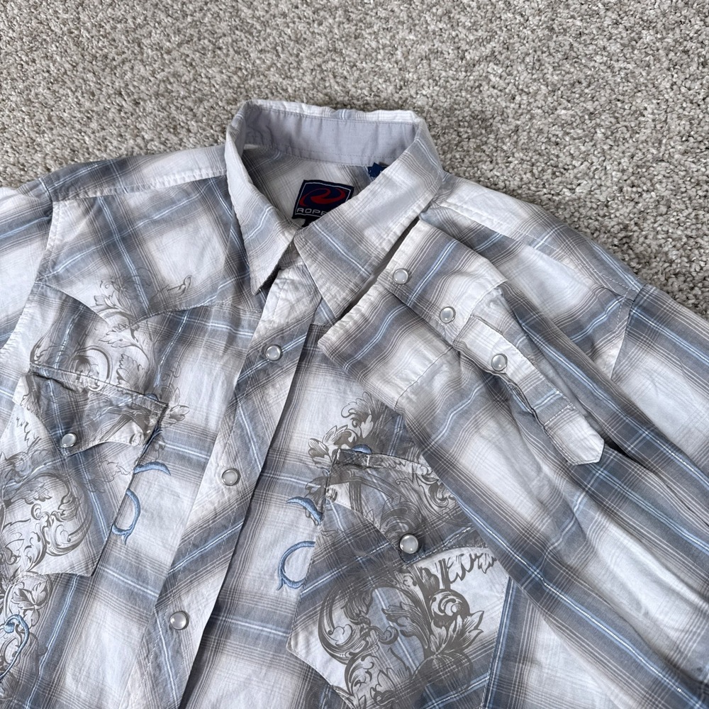 Roper Shirt Mens Large Grey Plaid Embroidered‎ Pearl Snap Metallic Western